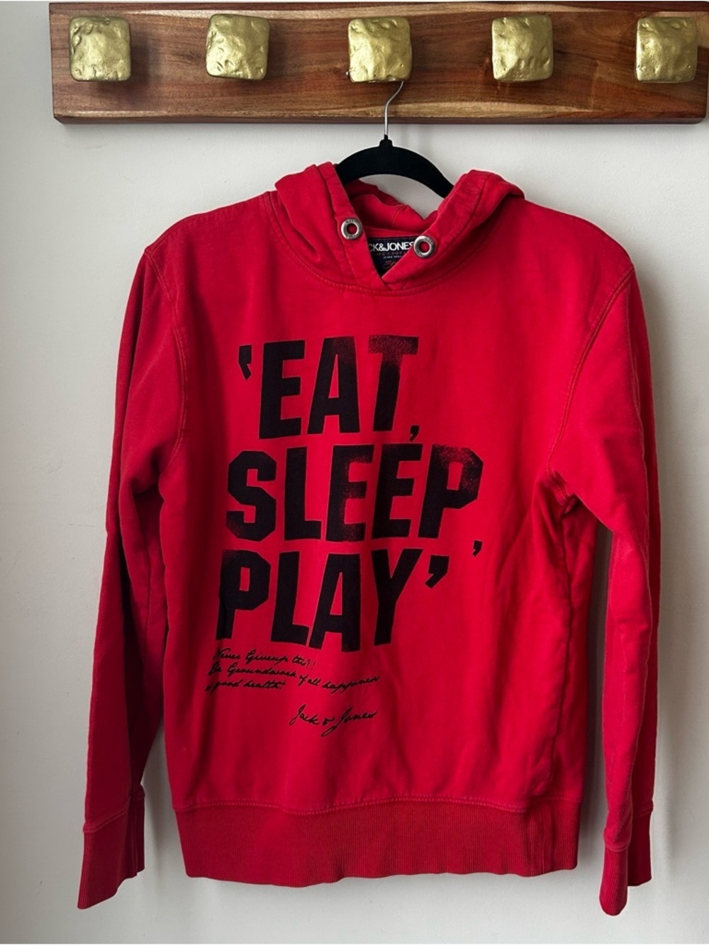 🟢 5 for $25 🟢 Jack & Jones Hoodie L Red Graphic Y2K Streetwear Slogan Pullover